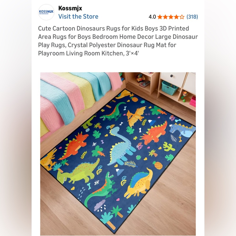 New Kossmjx 3D Printed Dinosaur Rug 3'x4'
Play-mat, Cartoon, Machine Wash, Poly